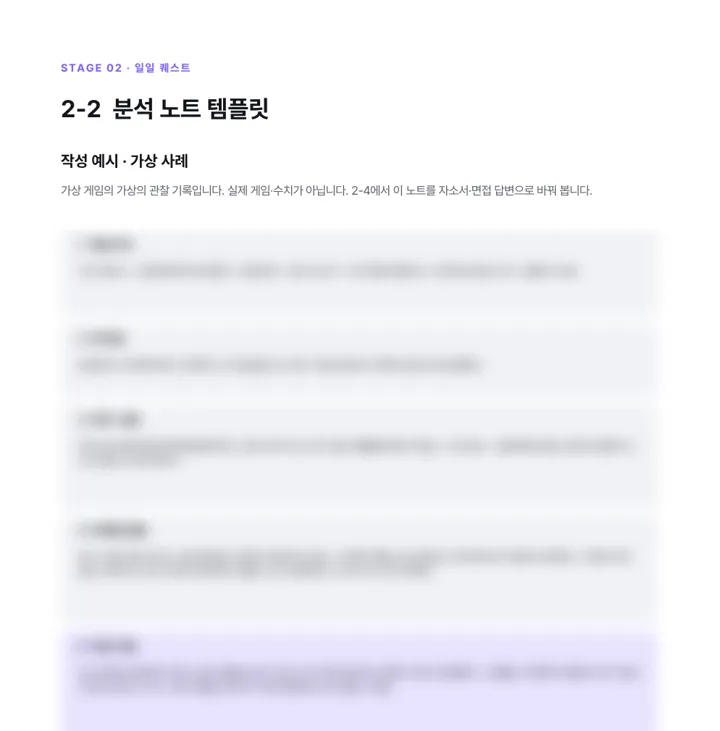 전체 공략집 45쪽 「분석 노트 작성 예시」 미리보기. 아랫부분은 흐리게 처리했습니다.