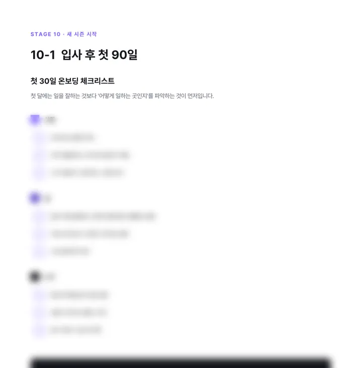 전체 공략집 223쪽 「첫 30일 온보딩 체크리스트」 미리보기. 아랫부분은 흐리게 처리했습니다.